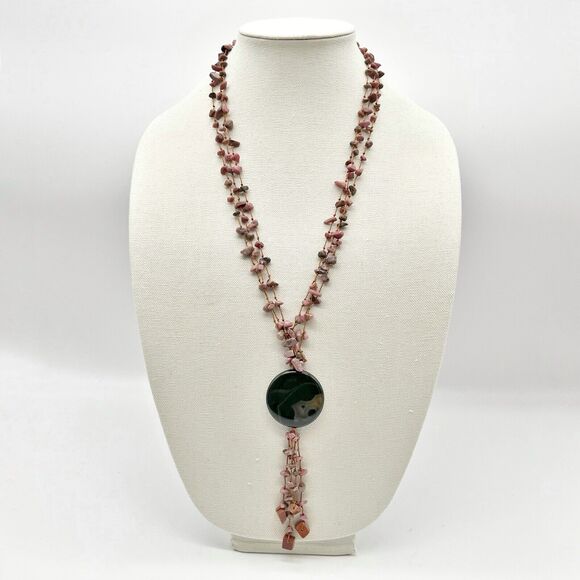 Mauve Stone Chip 3 Strand Polished Black Stone Pendant Tassel Boho Necklace 25” - Picture 1 of 12